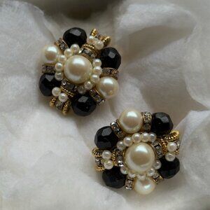 Vintage Napier Gold with Faux Pearls & Black Gems Costume Clip On Earrings